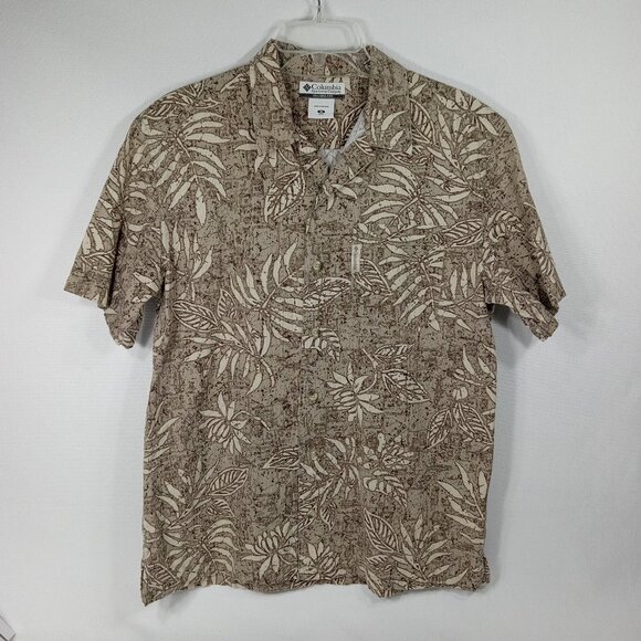 COLUMBIA Men's Brown Hawiian Leaf Design Button Front Shirt Size Medium - Picture 2 of 10